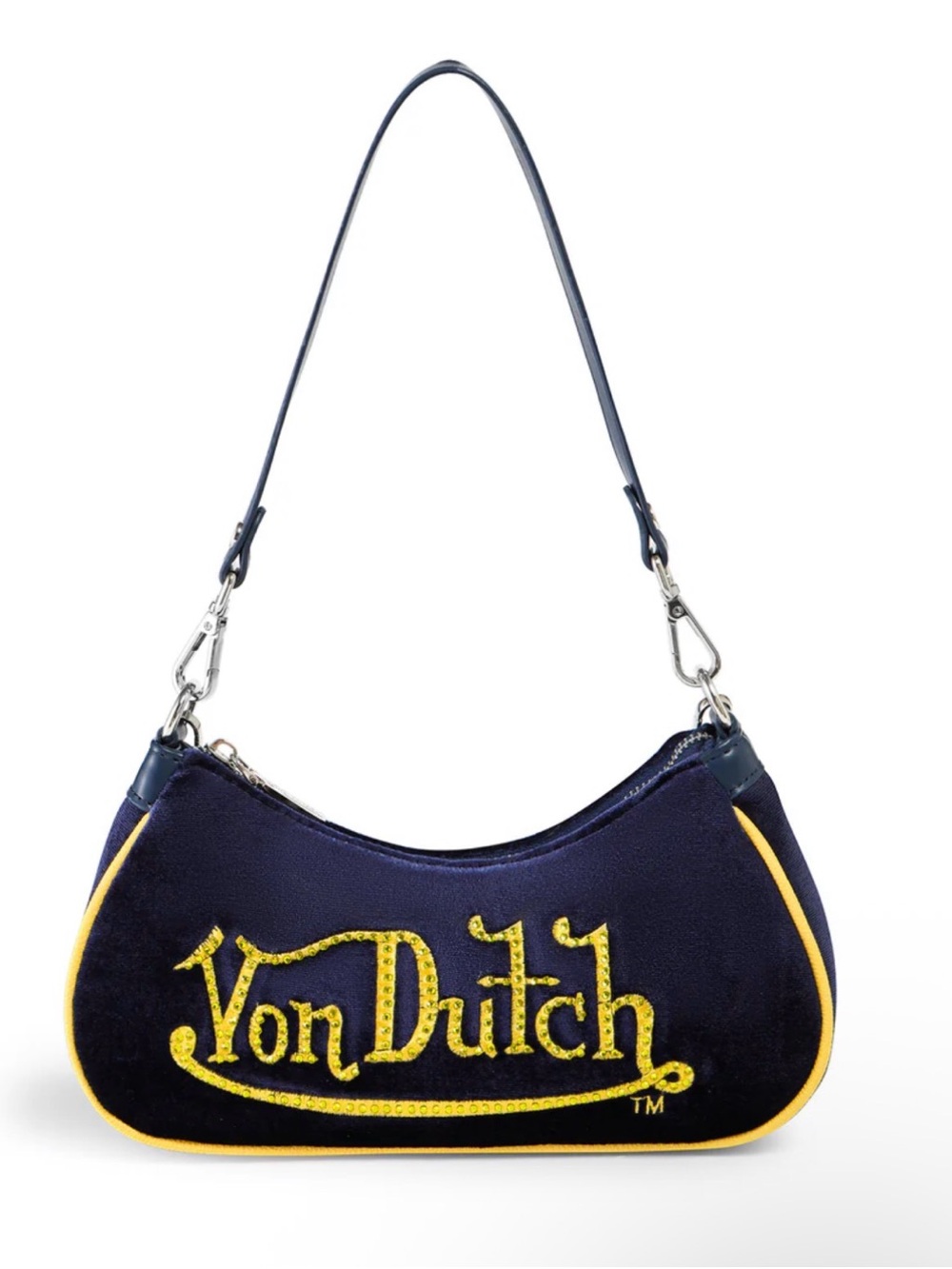 Von Dutch Navy Velvet Shoulder Bag with Yellow Logo Trim and Rhinestones- New!